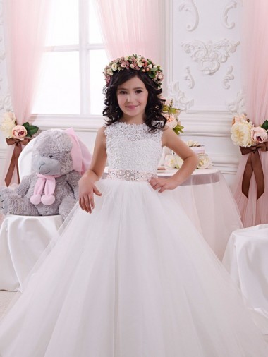 Marfil Barco Cola capilla Tul Encaje Largo vestidos de niña de las flores Al Por Mayor