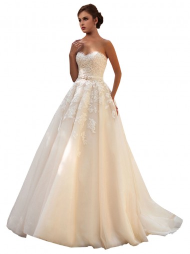 Marfil & Champán Cuello de Corazón Cola capilla Tul Encaje Vestidos de novia Al Por Mayor