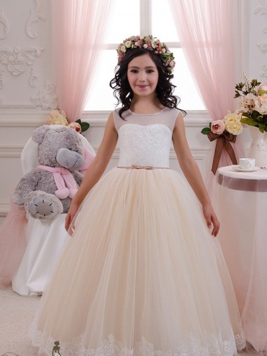 Marfil & Champán Cuello de Corazón Tul Encaje Largo vestidos de niña de las flores Al Por Mayor