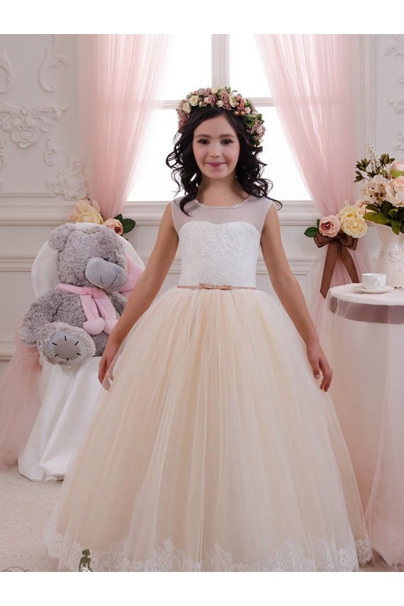 Marfil & Champán Cuello de Corazón Tul Encaje Largo vestidos de niña de las flores Al Por Mayor