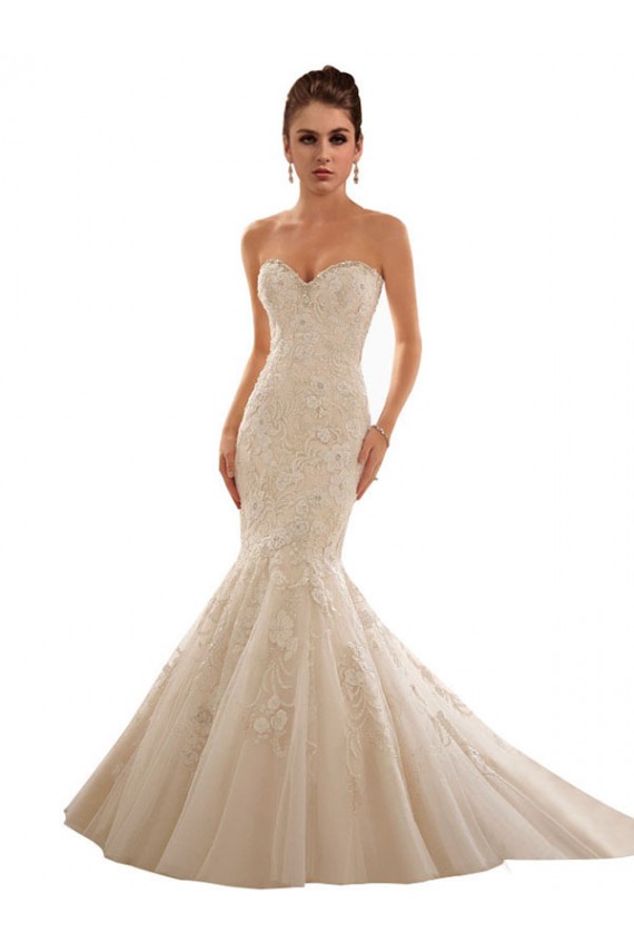 Marfil & Champán Sirena Cuello de Corazón Cola capilla Tul Encaje Vestidos de novia Al Por Mayor