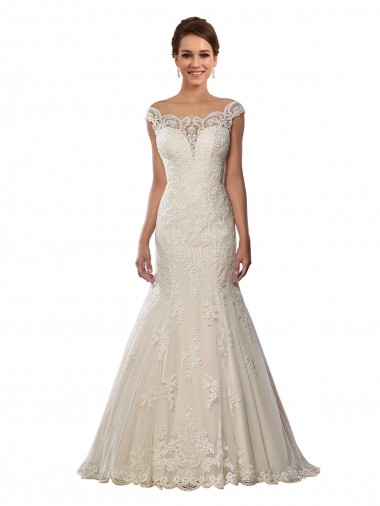 Marfil & Champán Sirena Hombros Descubiertos Cola capilla Encaje Boho Vestidos de novia Al Por Mayor