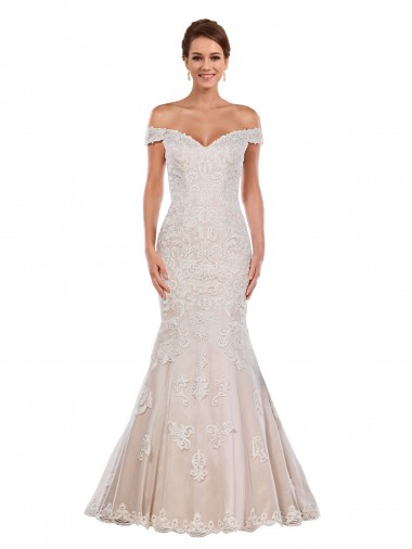 Marfil & Champán Sirena Hombros Descubiertos Cola capilla Encaje Clásico Vestidos de novia Al Por Mayor