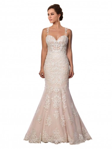 Marfil & Champán Sirena Tirantes espagueti Cola capilla Encaje Boho Vestidos de novia Al Por Mayor