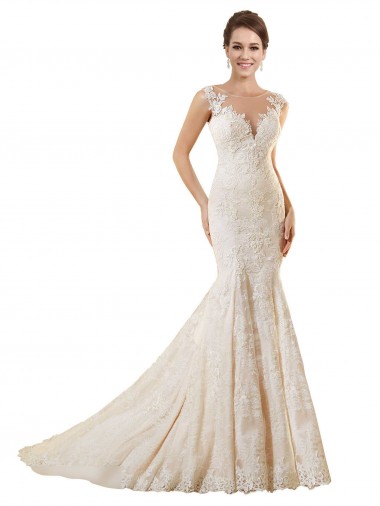 Marfil & Champán Sirena Ilusión Cola capilla Encaje Vestidos de novia Al Por Mayor