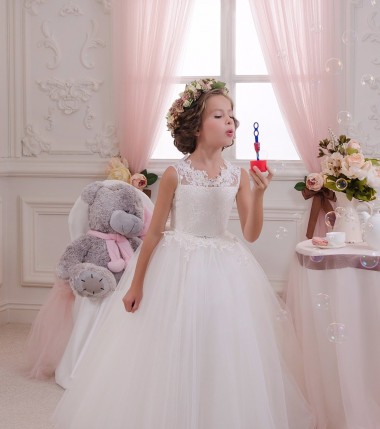 Marfil Cuello Alto Tul Encaje Largo vestidos de niña de las flores Al Por Mayor