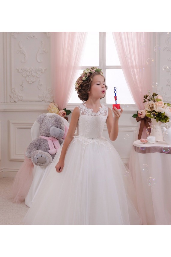 Marfil Cuello Alto Tul Encaje Largo vestidos de niña de las flores Al Por Mayor