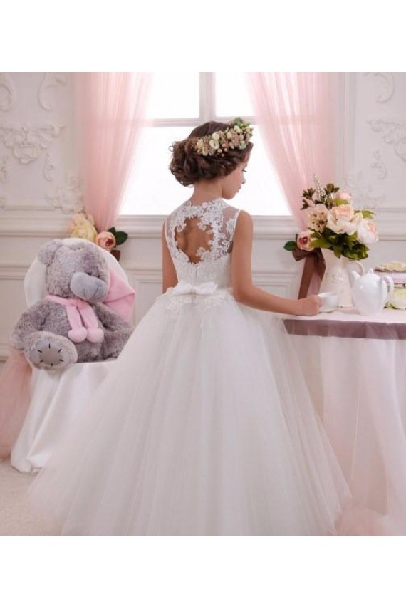 Marfil Cuello Alto Tul Encaje Largo vestidos de niña de las flores Al Por Mayor