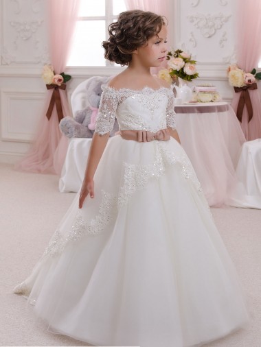Marfil Cuello Alto Tul Encaje Largo vestidos de niña de las flores Al Por Mayor
