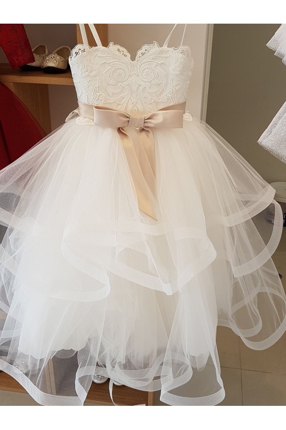 Marfil Cuello Alto Tul Encaje Largo vestidos de niña de las flores Al Por Mayor