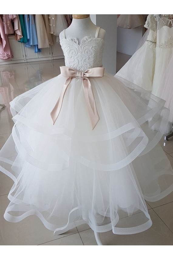 Marfil Cuello Alto Tul Encaje Largo vestidos de niña de las flores Al Por Mayor