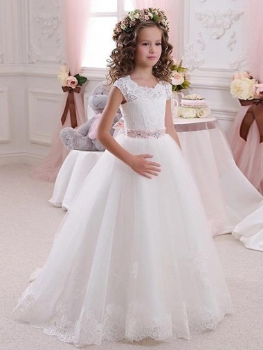Marfil Cuello Alto Tul Encaje Largo vestidos de niña de las flores Al Por Mayor