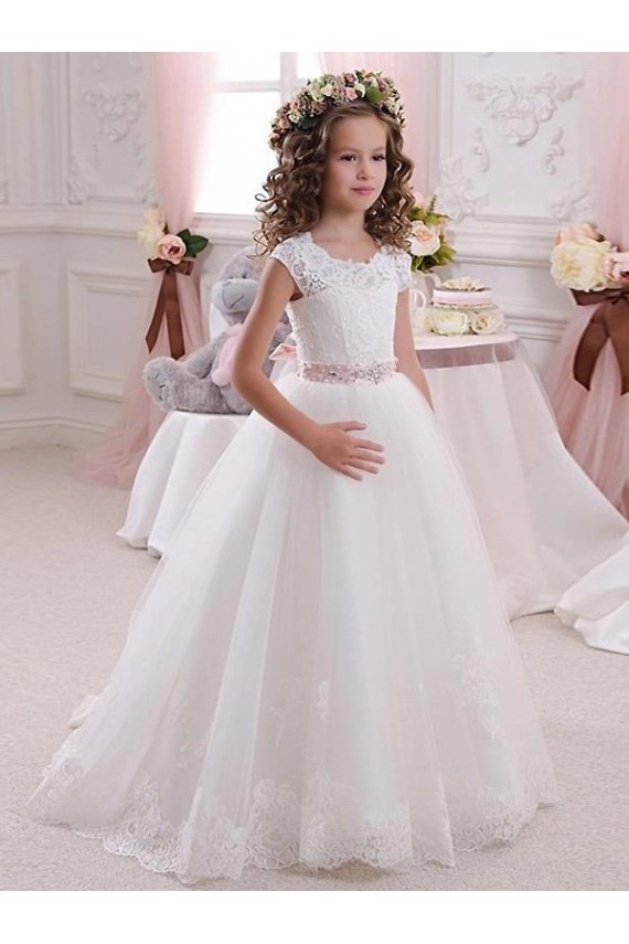Marfil Cuello Alto Tul Encaje Largo vestidos de niña de las flores Al Por Mayor