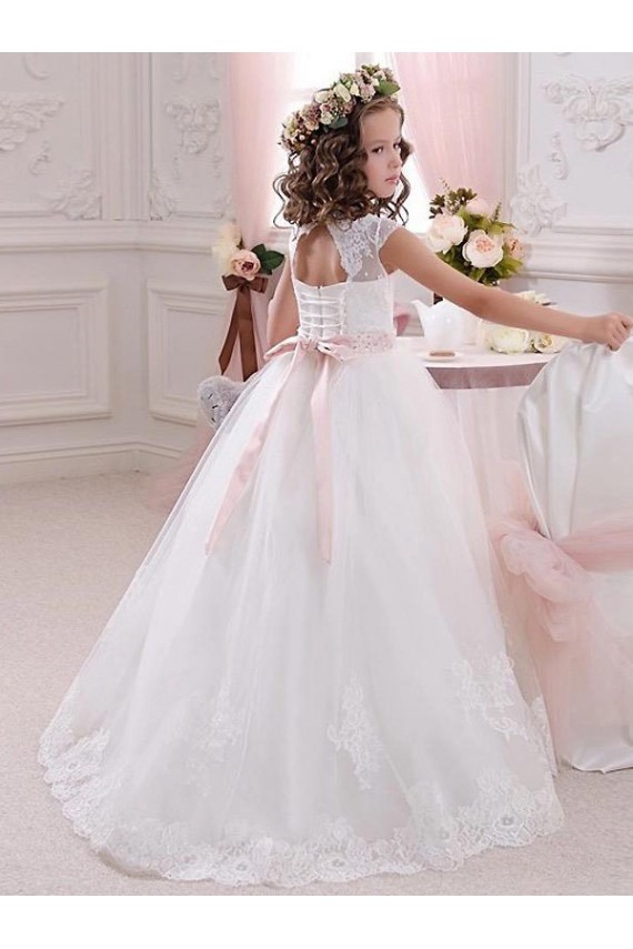 Marfil Cuello Alto Tul Encaje Largo vestidos de niña de las flores Al Por Mayor