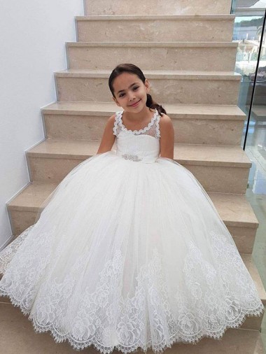 Marfil Cuello Alto Tul Encaje Largo vestidos de niña de las flores Al Por Mayor