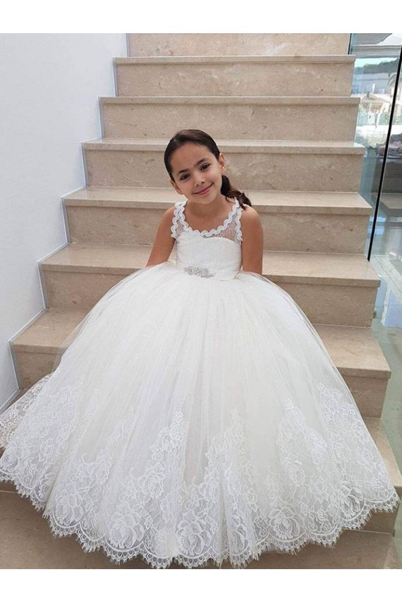 Marfil Cuello Alto Tul Encaje Largo vestidos de niña de las flores Al Por Mayor