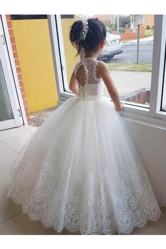 Marfil Cuello Alto Tul Encaje Largo vestidos de niña de las flores Al Por Mayor