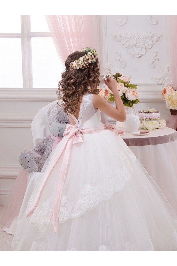 Marfil Cuello de Corazón Cola capilla Tul Encaje Largo vestidos de niña de las flores Al Por Mayor