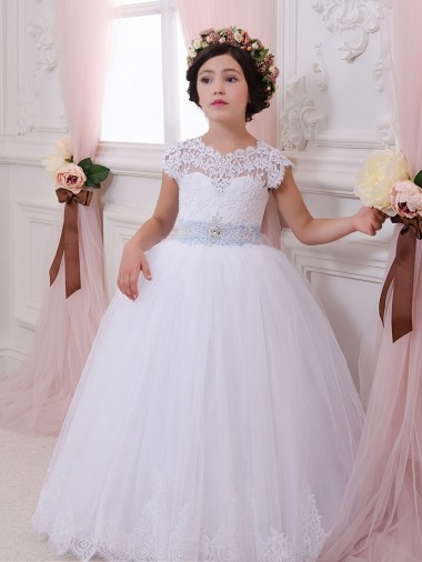 Marfil Cuello de Corazón Cola capilla Tul Encaje Largo vestidos de niña de las flores Al Por Mayor
