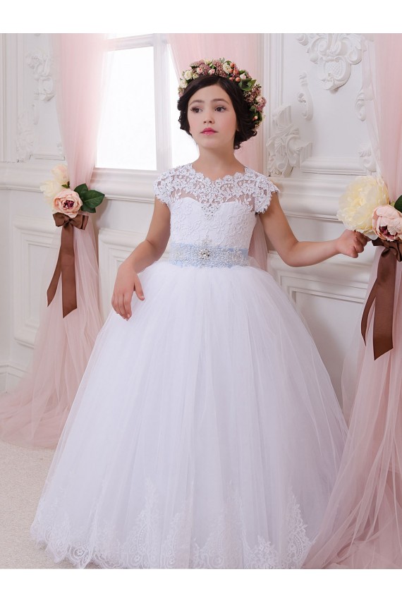 Marfil Cuello de Corazón Cola capilla Tul Encaje Largo vestidos de niña de las flores Al Por Mayor