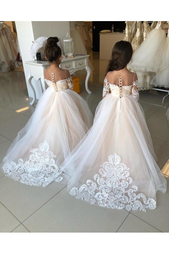 Marfil Cuello de Corazón Cola capilla Tul Encaje Largo vestidos de niña de las flores Al Por Mayor
