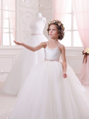 Marfil Cuello de Corazón Cola capilla Tul Largo vestidos de niña de las flores Al Por Mayor