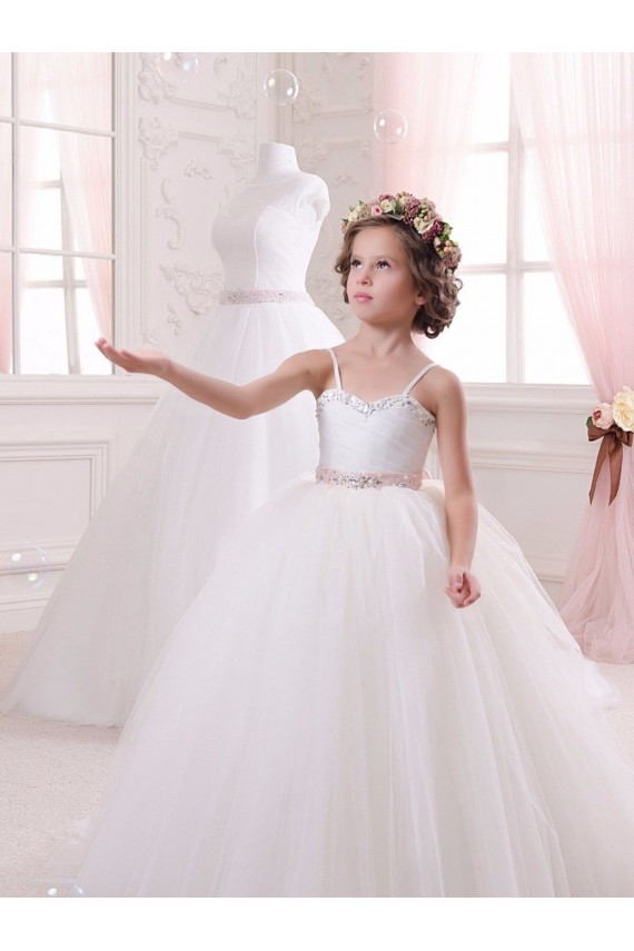 Marfil Cuello de Corazón Cola capilla Tul Largo vestidos de niña de las flores Al Por Mayor