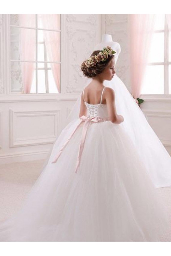 Marfil Cuello de Corazón Cola capilla Tul Largo vestidos de niña de las flores Al Por Mayor