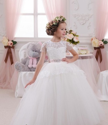 Marfil Cuello de Corazón Tul Encaje Largo vestidos de niña de las flores Al Por Mayor