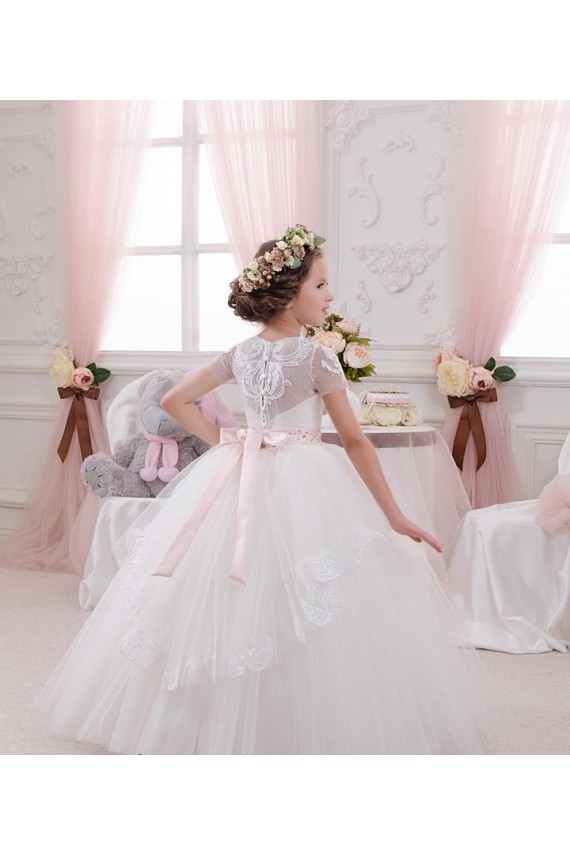 Marfil Cuello de Corazón Tul Encaje Largo vestidos de niña de las flores Al Por Mayor