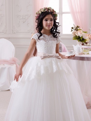 Marfil Cuello de Corazón Tul Encaje Largo vestidos de niña de las flores Al Por Mayor