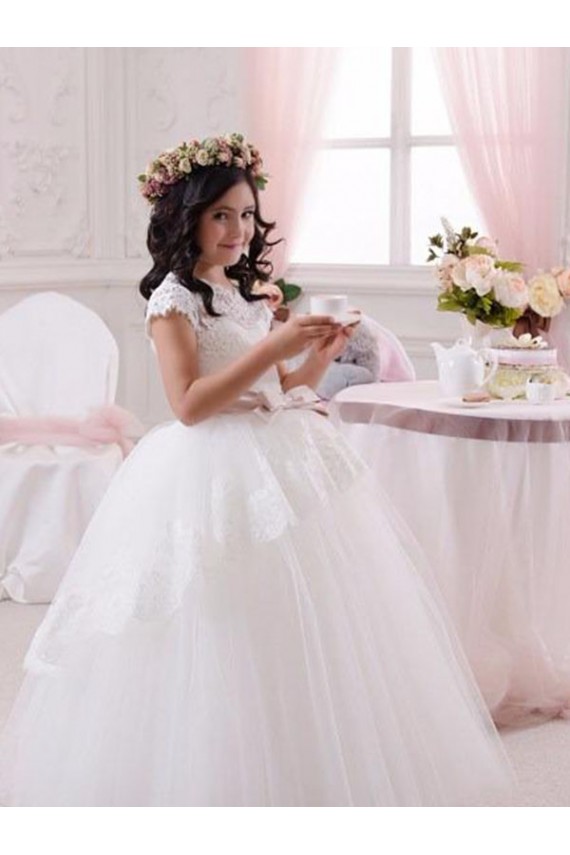 Marfil Cuello de Corazón Tul Encaje Largo vestidos de niña de las flores Al Por Mayor