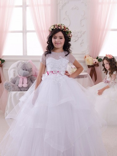 Marfil Cuello de Corazón Tul Encaje Largo vestidos de niña de las flores Al Por Mayor