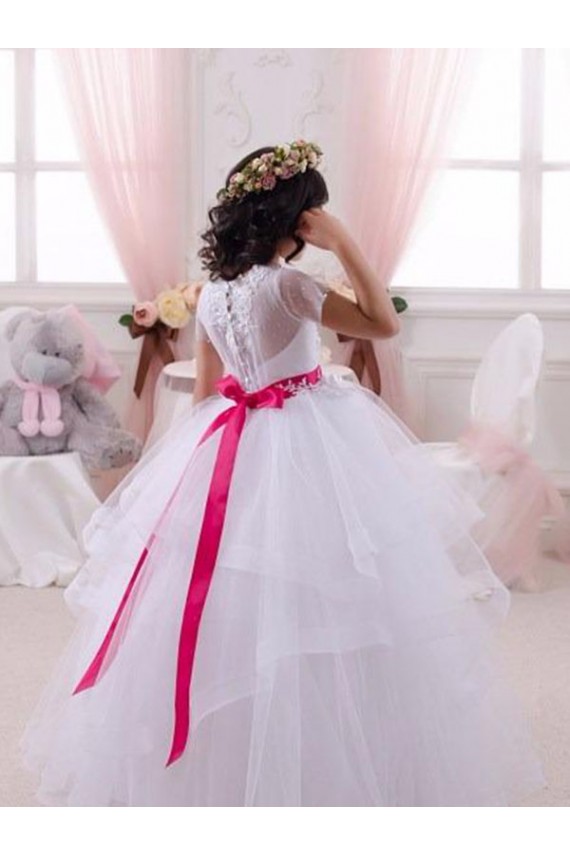 Marfil Cuello de Corazón Tul Encaje Largo vestidos de niña de las flores Al Por Mayor
