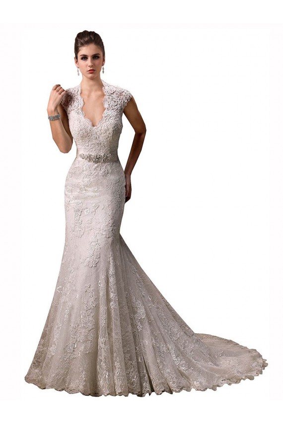 Marfil Sirena Halter Cuello en V Cola capilla Encaje Vestidos de novia Al Por Mayor