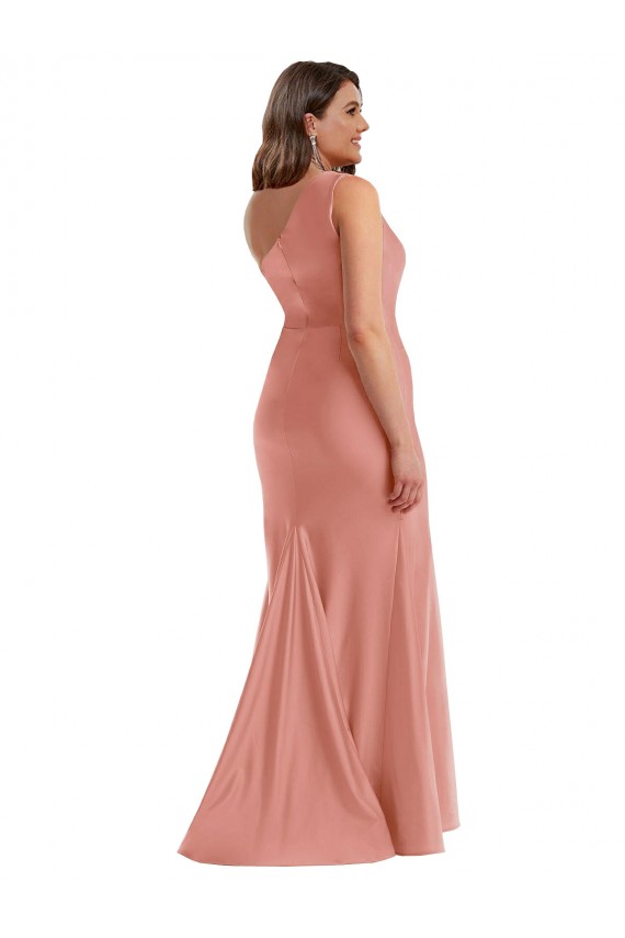 Melocotón de Georgia Sirena Un Hombre Satén sedoso Largo Formales Vestidos de dama de honor / Vestidos de fiesta Al Por Mayor