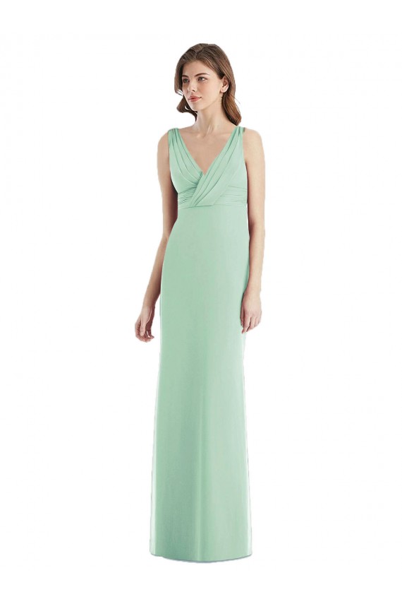 Menta Verde Trompeta Cuello en V Gasa Largo Vestidos de dama de honor Al Por Mayor