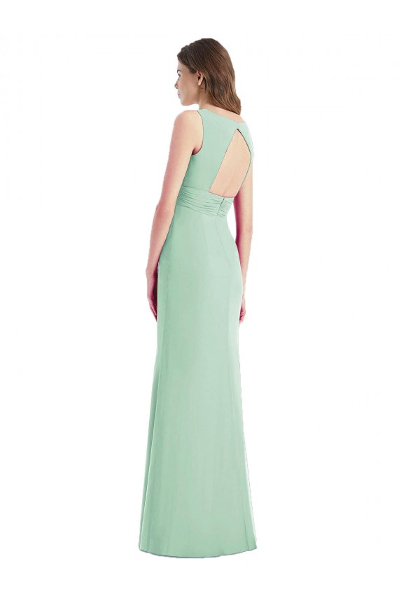 Menta Verde Trompeta Cuello en V Gasa Largo Vestidos de dama de honor Al Por Mayor