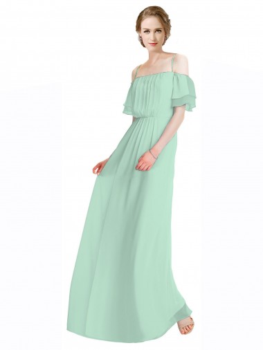 Menta Verde línea A Hombros Descubiertos Tirantes espagueti Gasa Largo Vestidos de dama de honor Al Por Mayor