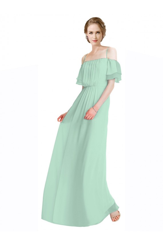 Menta Verde línea A Hombros Descubiertos Tirantes espagueti Gasa Largo Vestidos de dama de honor Al Por Mayor