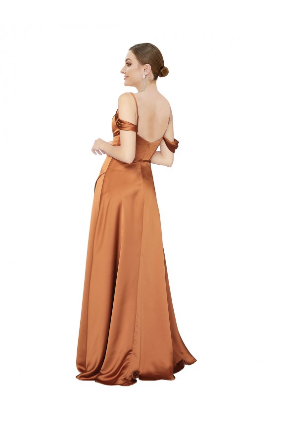 Naranja línea A Tirantes espagueti Satén sedoso Largo Formales Vestidos de dama de honor / Vestidos de fiesta Al Por Mayor