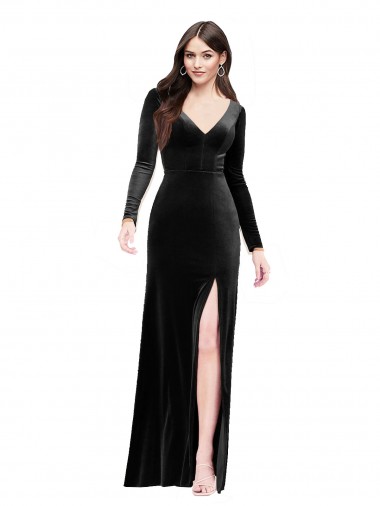 Negro Columna Cuello en V Terciopelo Elástico Largo Formales Vestidos de dama de honor / Vestidos de fiesta Al Por Mayor