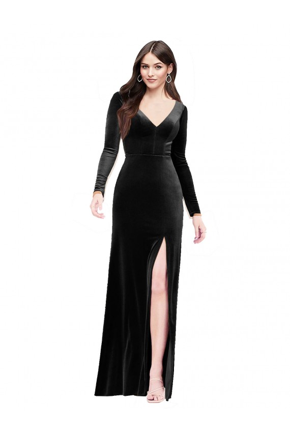 Negro Columna Cuello en V Terciopelo Elástico Largo Formales Vestidos de dama de honor / Vestidos de fiesta Al Por Mayor