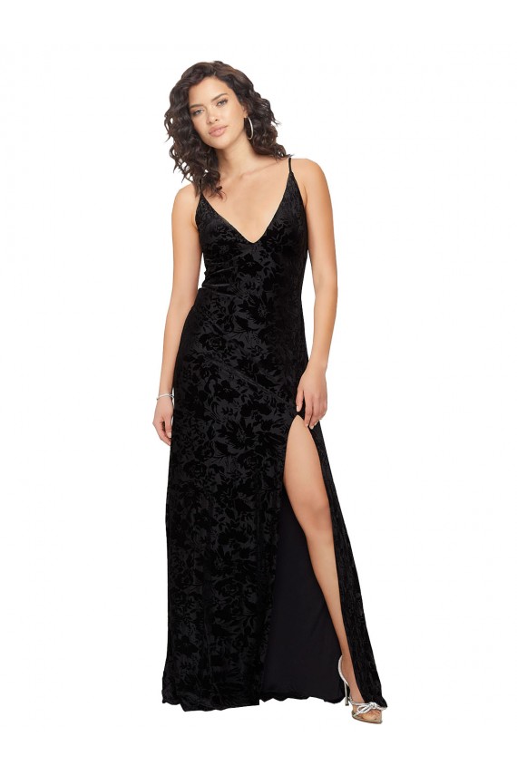 Negro Cubierta Cuello en V Terciopelo floral Terciopelo Elástico Largo Vestidos de dama de honor Al Por Mayor