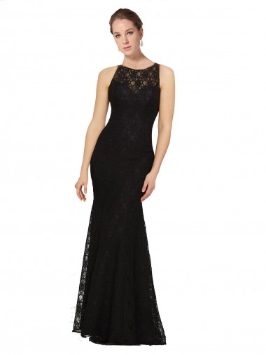 Negro Cubierta Cuello joya Encaje Largo Vestidos de dama de honor Al Por Mayor