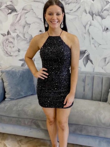 Negro Cubierta Halter Corto Lentejuelas Terciopelo Corto Vestidos de fiesta Al Por Mayor