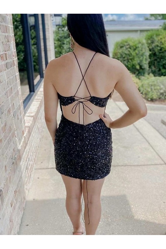 Negro Cubierta Halter Corto Lentejuelas Terciopelo Corto Vestidos de fiesta Al Por Mayor