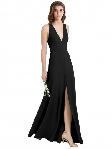 Negro Cubierta Halter Cuello en V Crepé Elástico Largo Formales Vestidos de dama de honor / Vestidos de fiesta Al Por Mayor