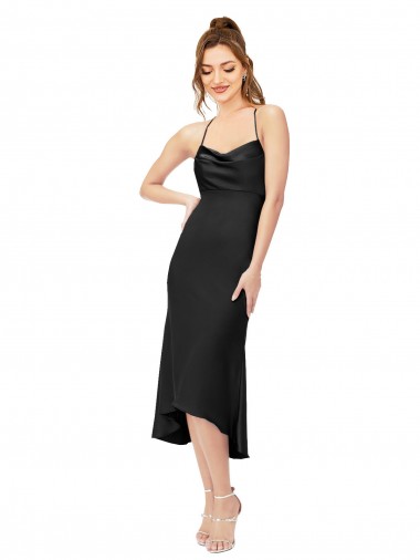 Negro Cubierta Midi Satén sedoso Corto Asimétrico Formales Vestidos de dama de honor / Vestidos de fiesta / Vestidos de cóctel Al Por Mayor