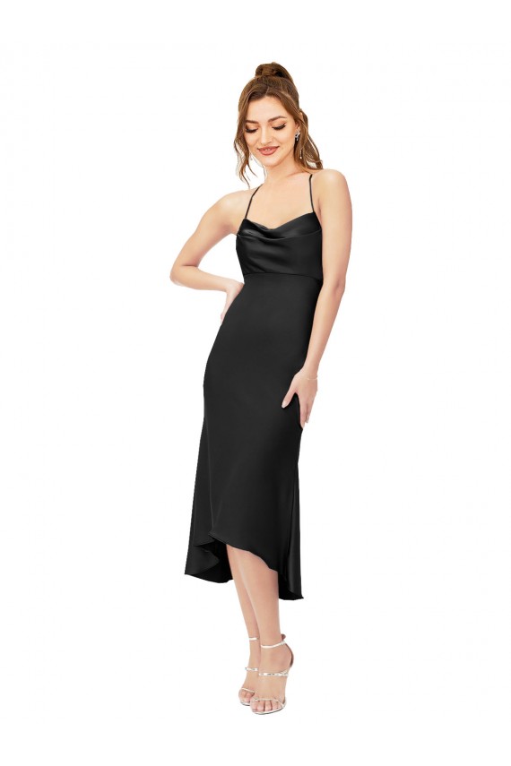 Negro Cubierta Midi Satén sedoso Corto Asimétrico Formales Vestidos de dama de honor / Vestidos de fiesta / Vestidos de cóctel Al Por Mayor